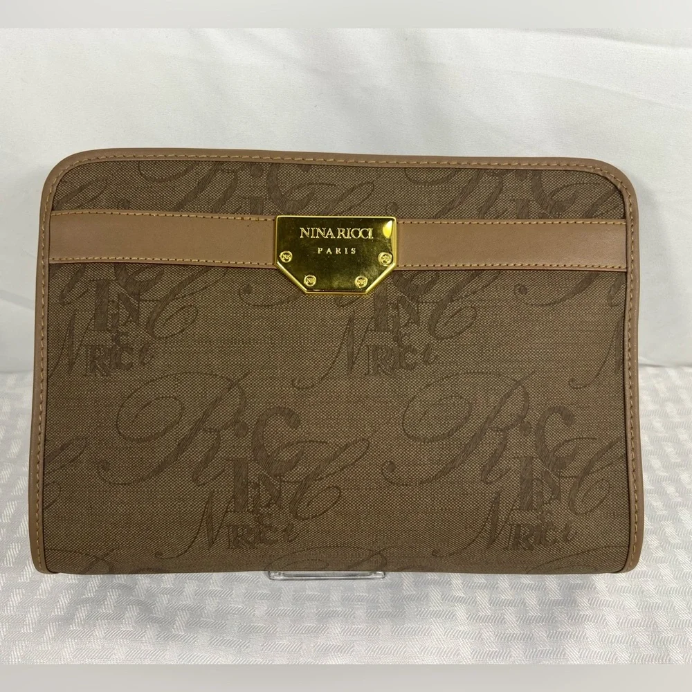 7058: Vintage Nina Ricci Paris Monogram Zip Clutch Pouch Made in Italy